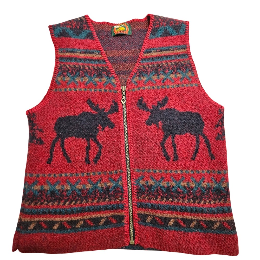 Alps 100%‎ Wool Knit Vest Women Medium Red Moose Fair Isle Zip Up Lodge USA Made